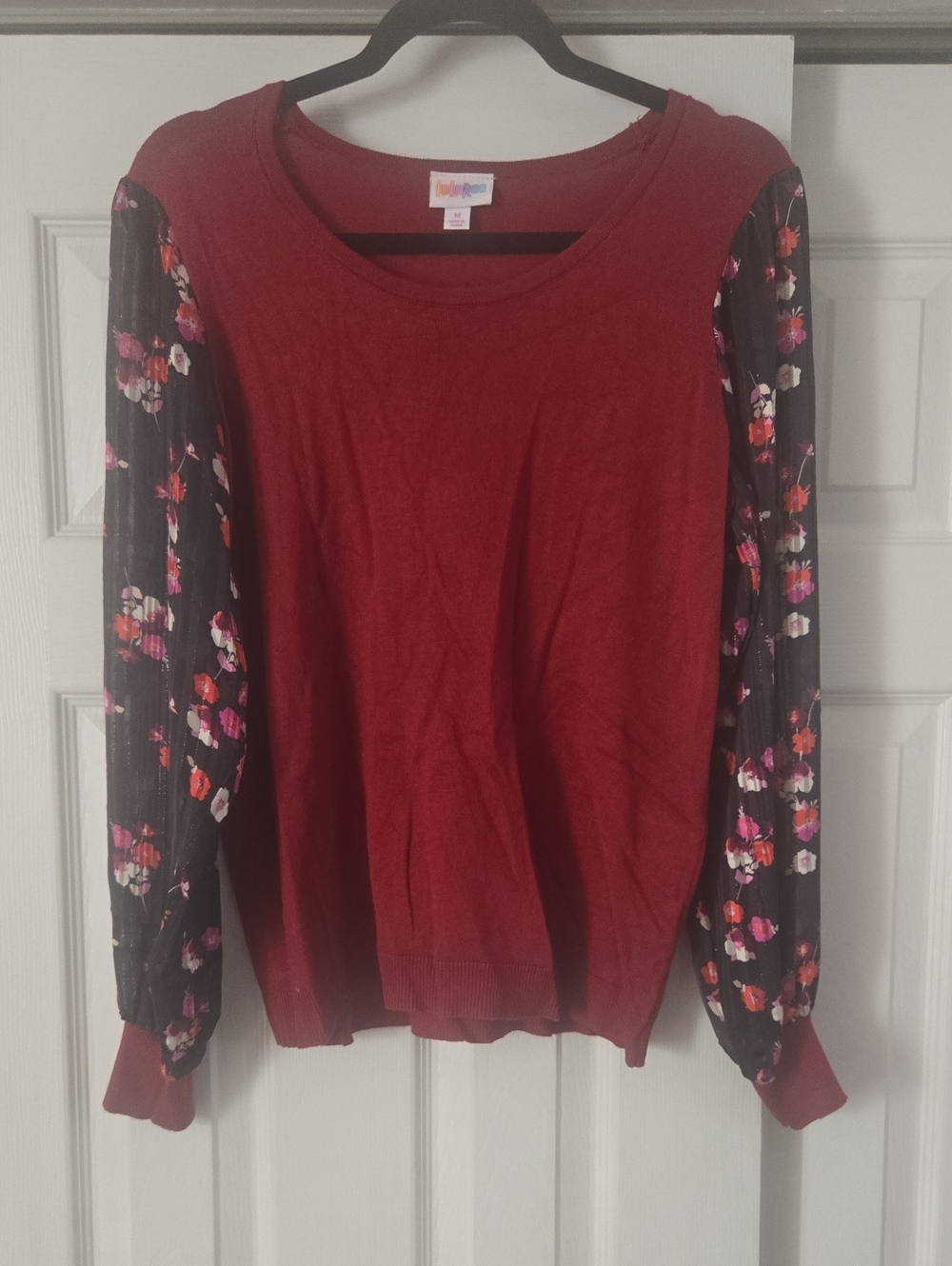 LulaRoe PENNY Top: Women's Maroon Sweater Top with Floral Balloon Sleeves